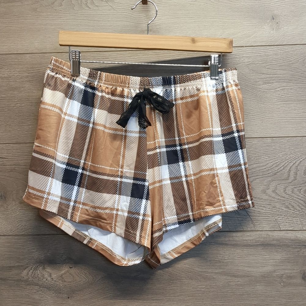 Plaid Sleep Shorts Women's XL Tan Black Brown Pajama Boxer Loungewear